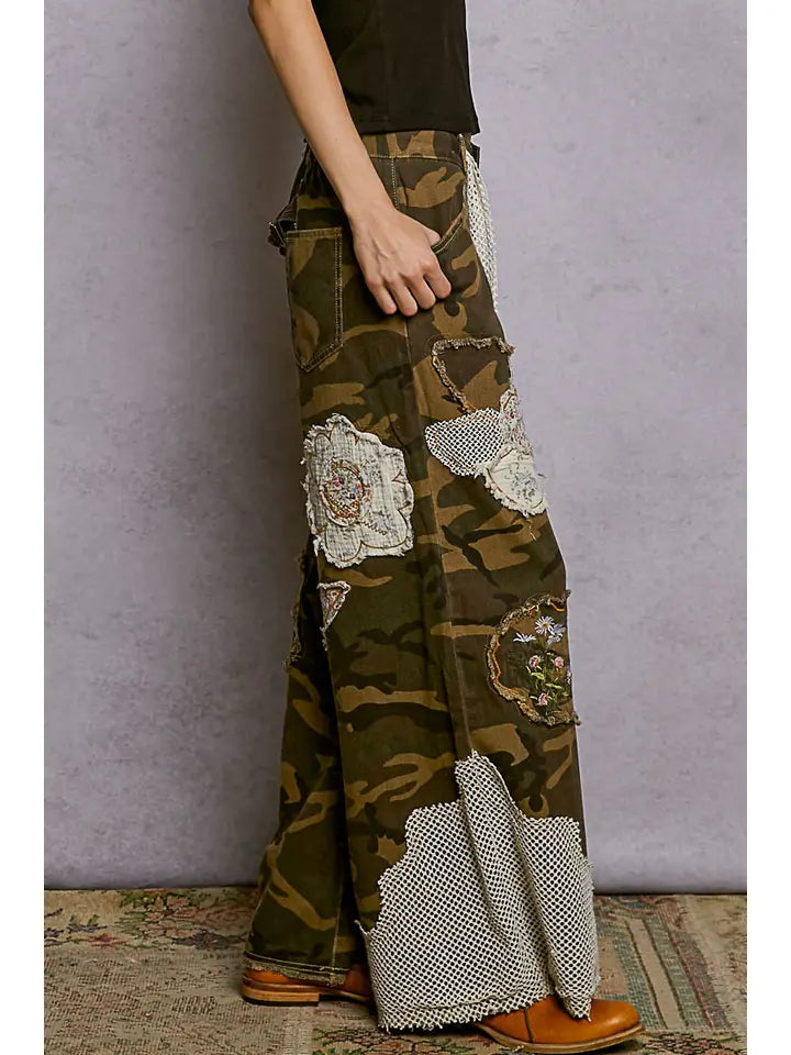 Floral Patches Butterfly Patchwork Camo Pants By Pol