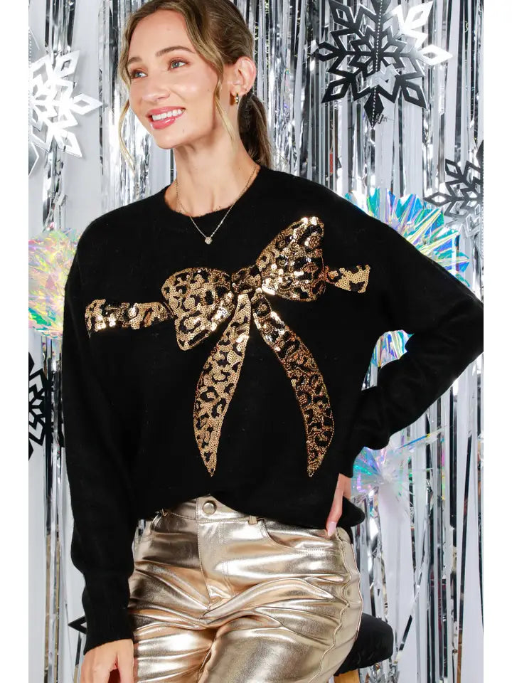 Leopard Sequin Bow Crew Neck Knitted Sweater By Vine & Love