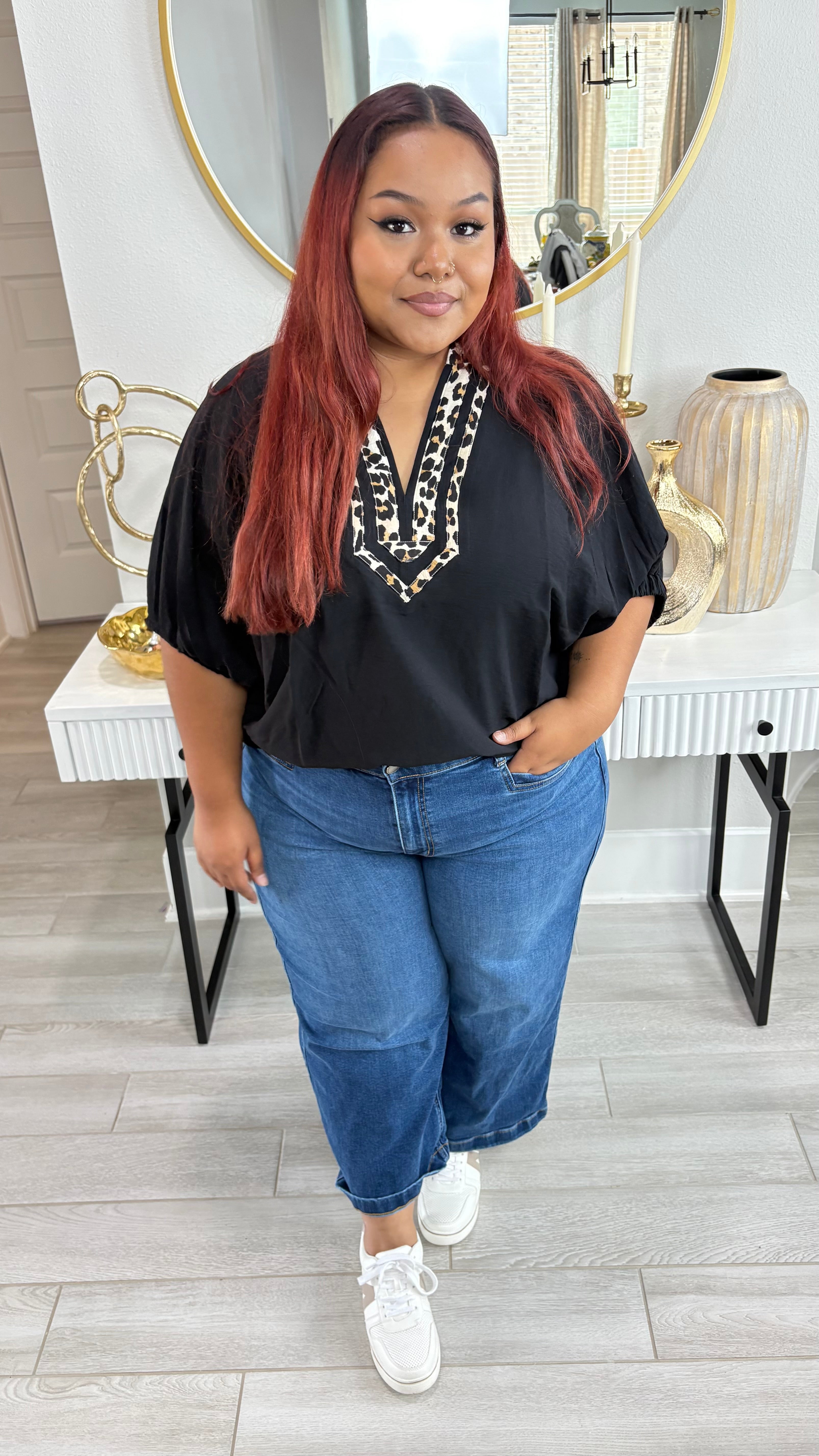 Leopard Caftan Neckline Dolman Top By Entro