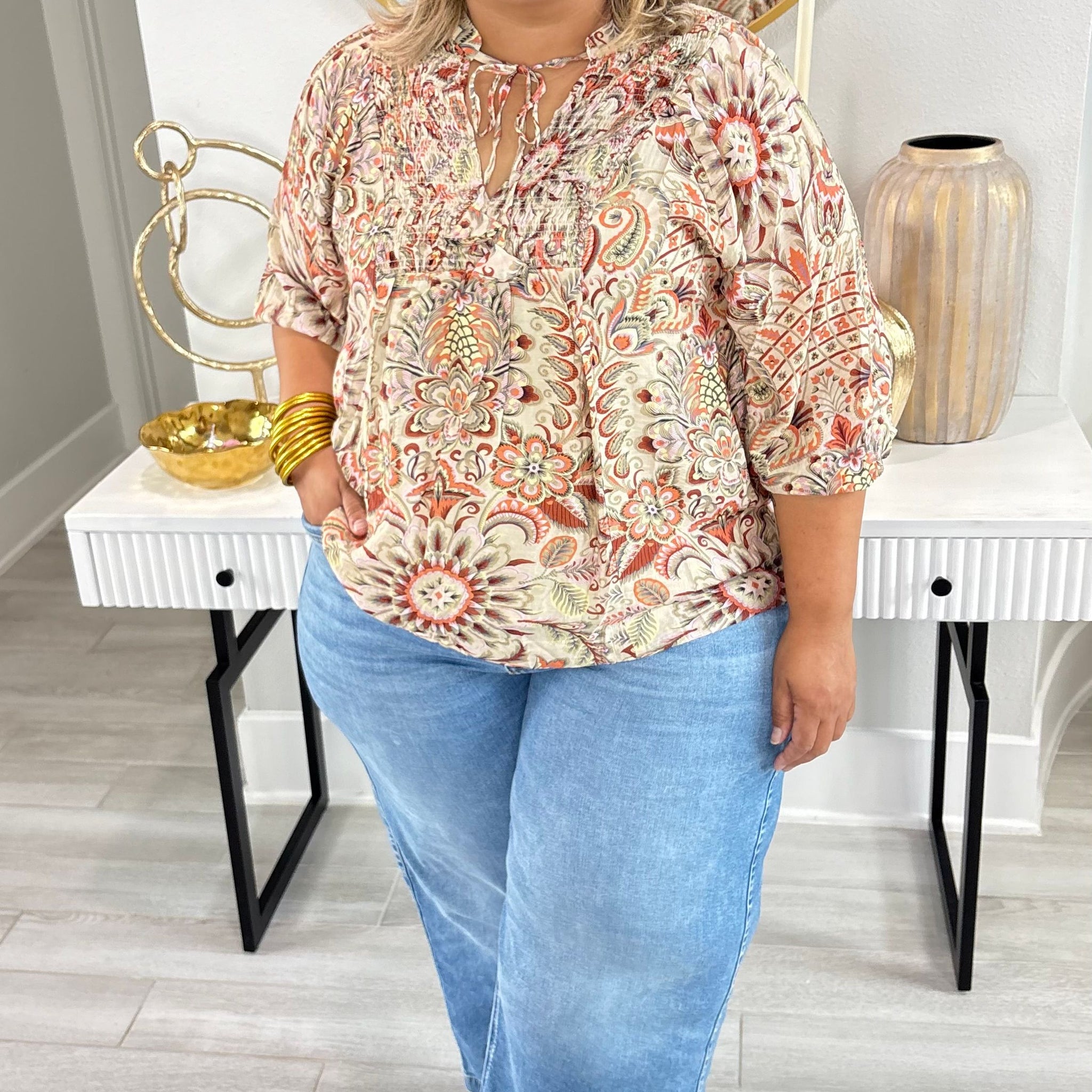 Plus Size Brown Paisley Boho Top By Umgee