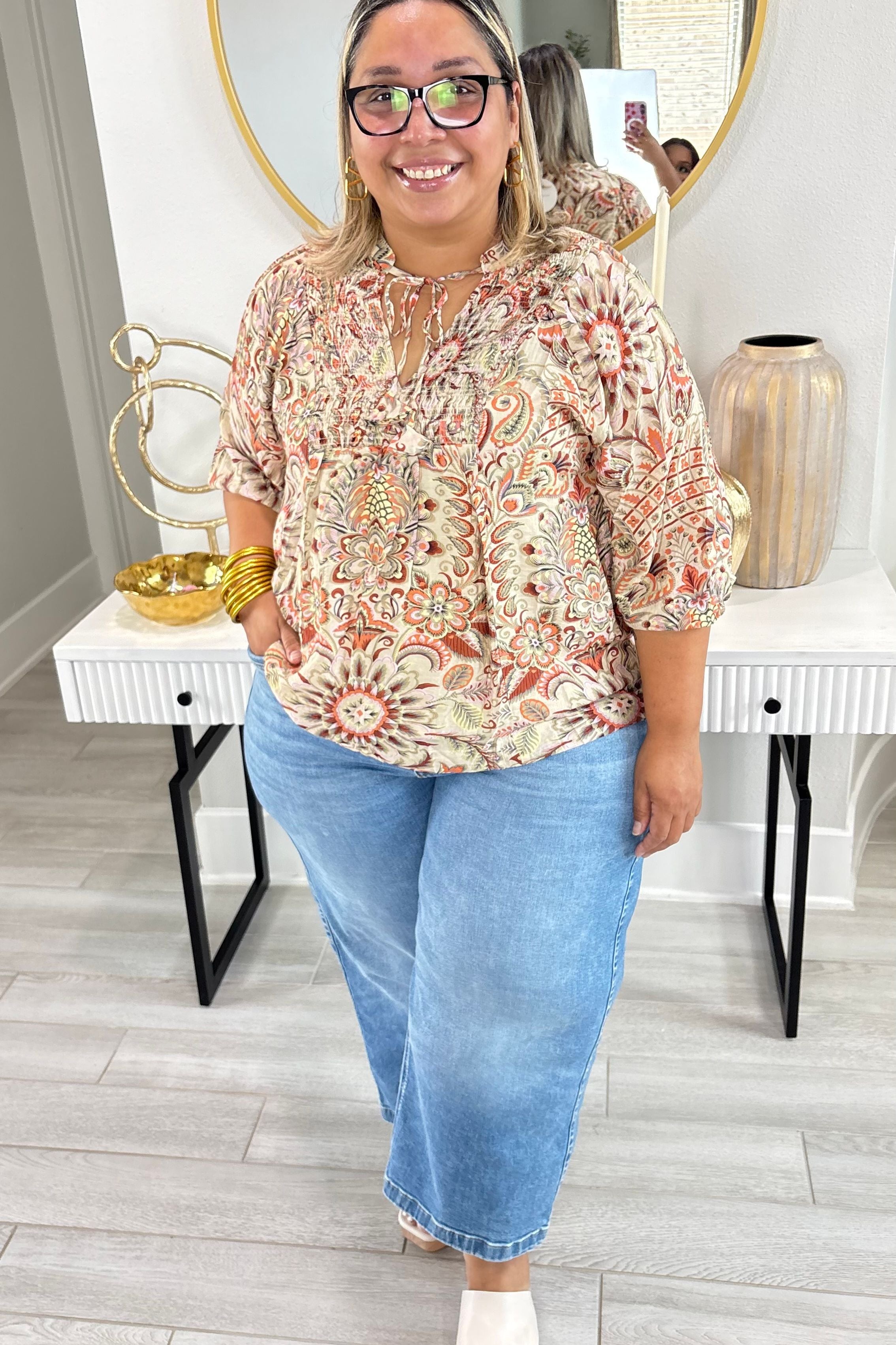 Plus Size Brown Paisley Boho Top By Umgee
