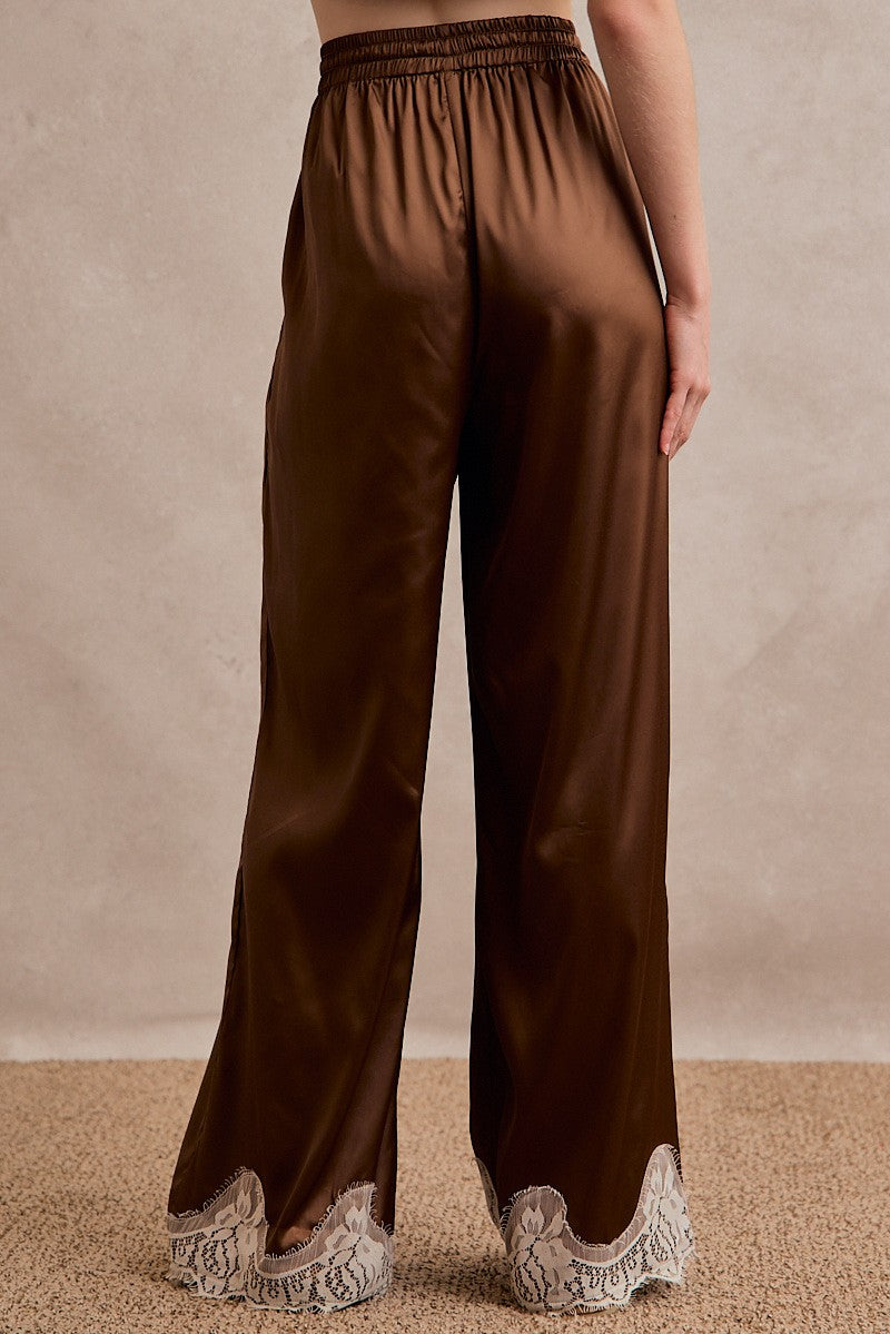Women's So Me satin lace-trim pants featuring a relaxed wide-leg fit and elegant flowing silhouette.