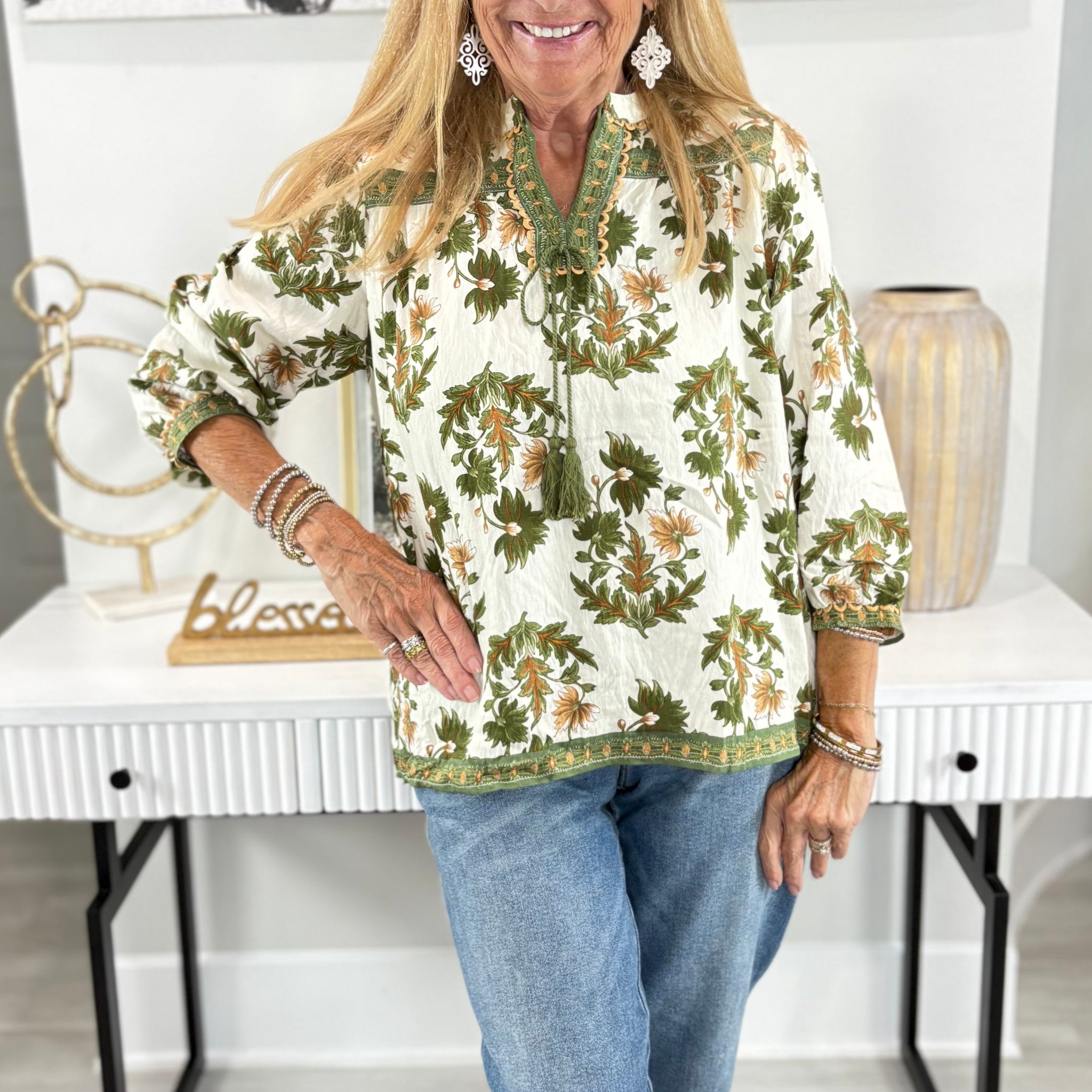 Floral Fall Print 3/4 Length Sleeve Blouse By Gigio