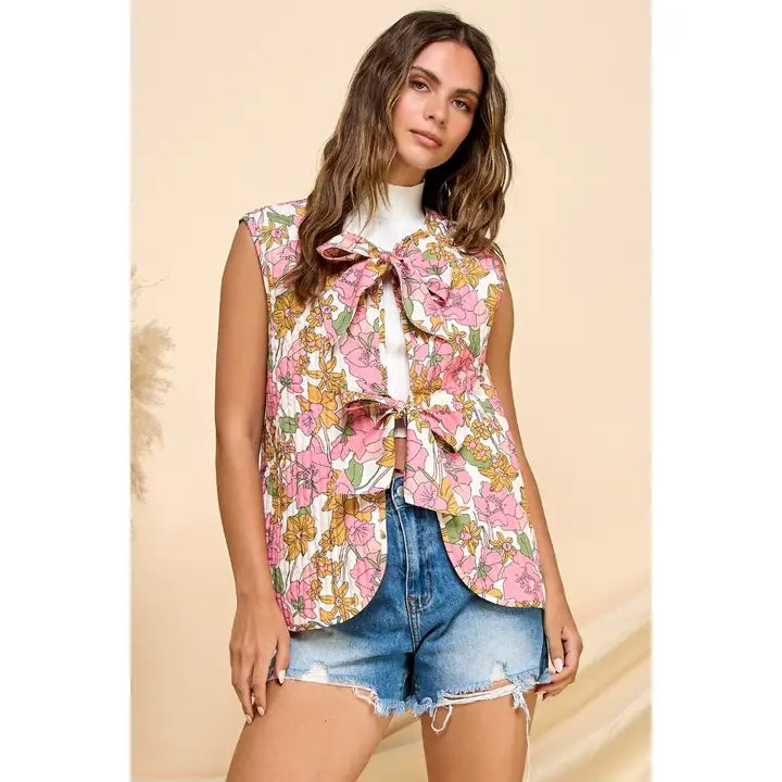 Coquette Printed Stripe Quilt Ribbon Tie Vest