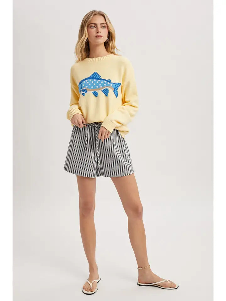 yellow fish graphic knit sweater relaxed fit coastal style lightweight pullover