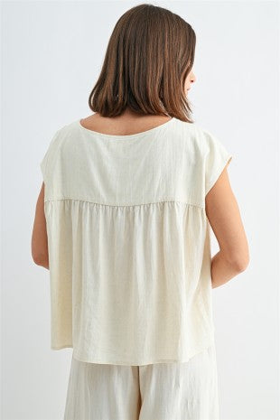 Lightweight beige linen top cap sleeve flowy silhouette