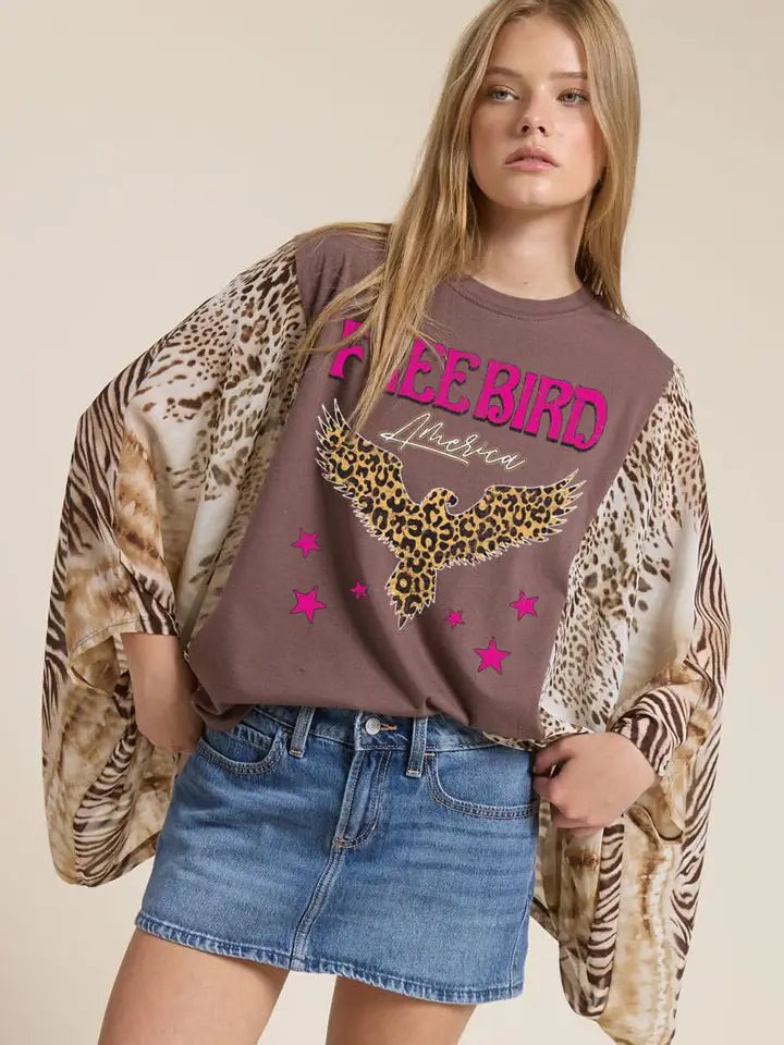 Leopard Free Bird America Graphic Kantha Top