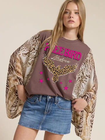 Leopard Free Bird America Graphic Kantha Top