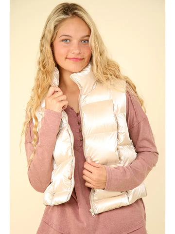 Shiny Metallic Zip Up Puffer Vest