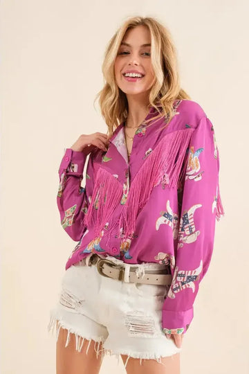 Satin Western Print Chevron Fringe Blouse