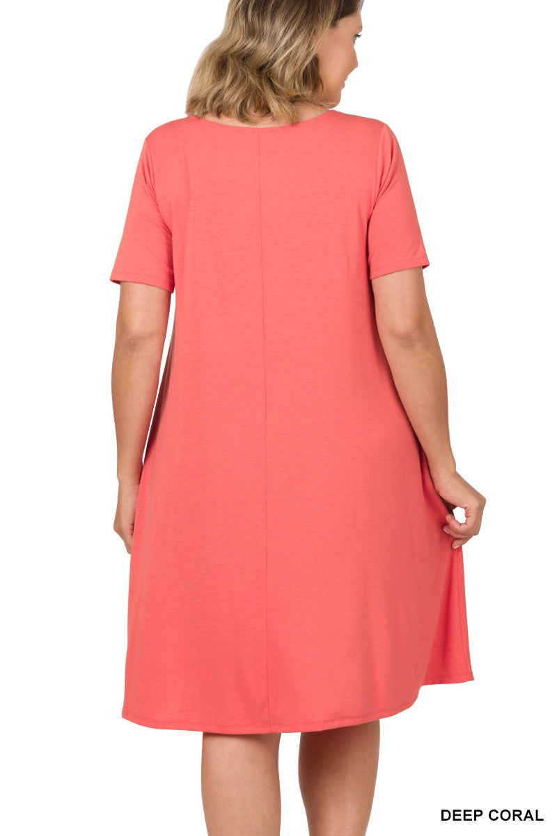 Short Sleeve Flared Dress with Side Pockets (Curvy only)