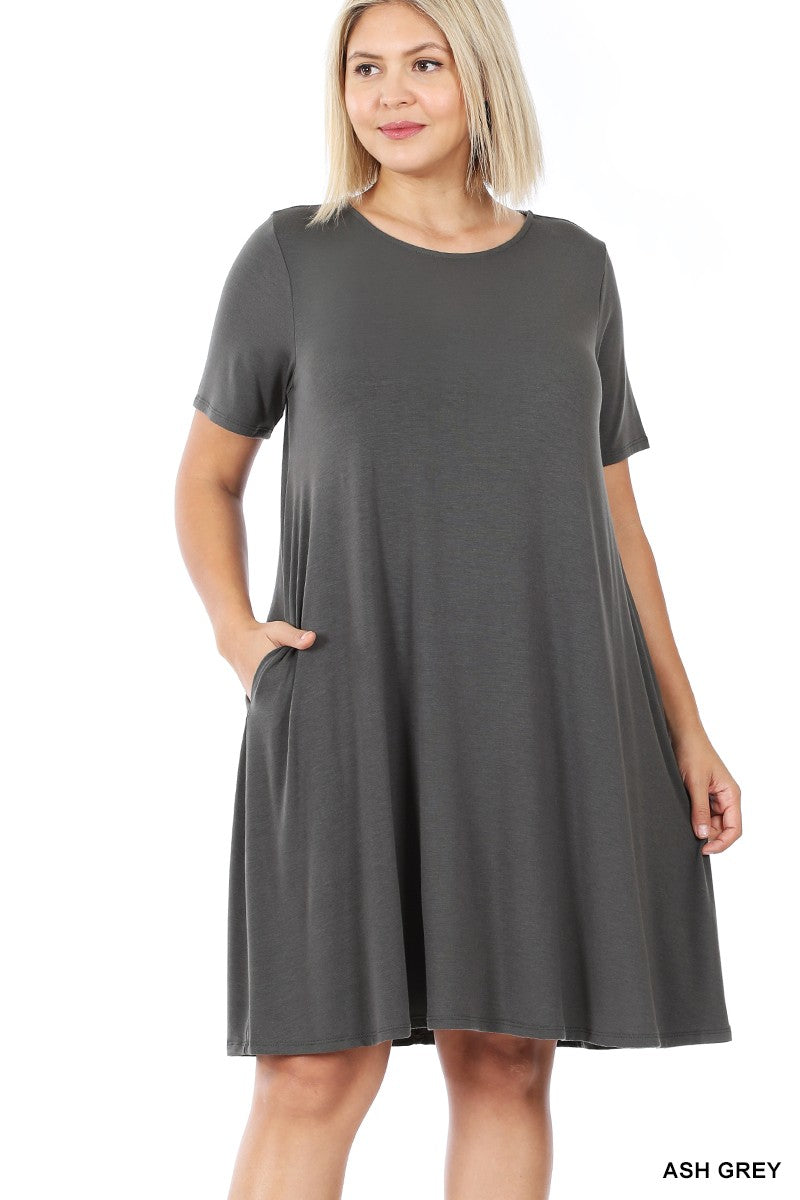 Short Sleeve Flared Dress with Side Pockets (Curvy only)