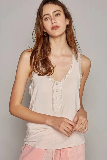 Scoop Neck Sleeveless Lace Trim Back Open Knit Top By Pol