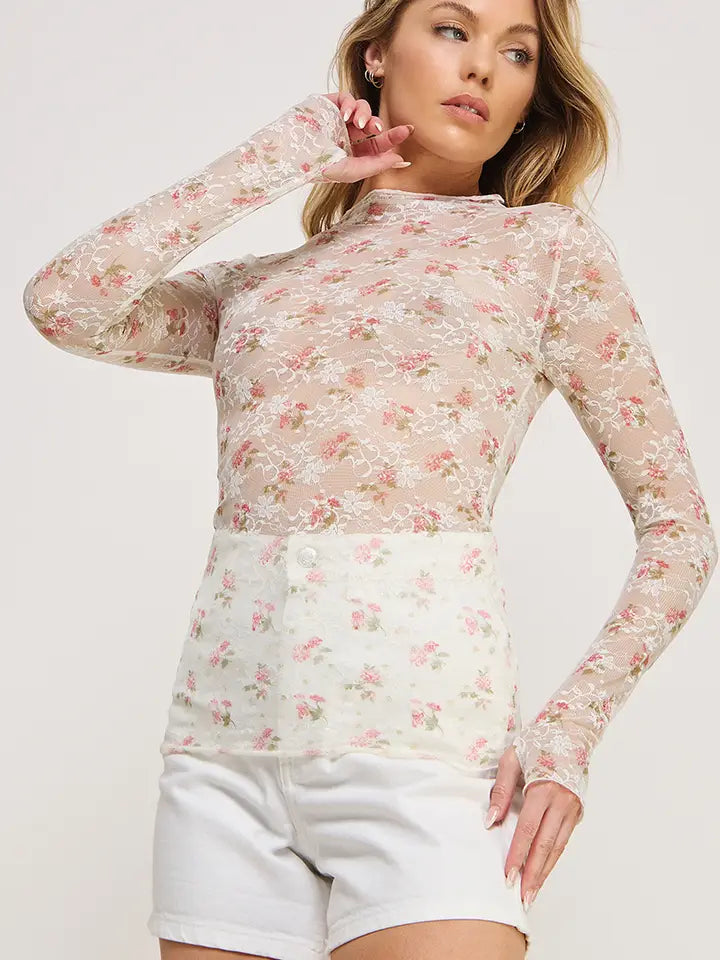 Long Sleeve Mesh Lace Gold Print