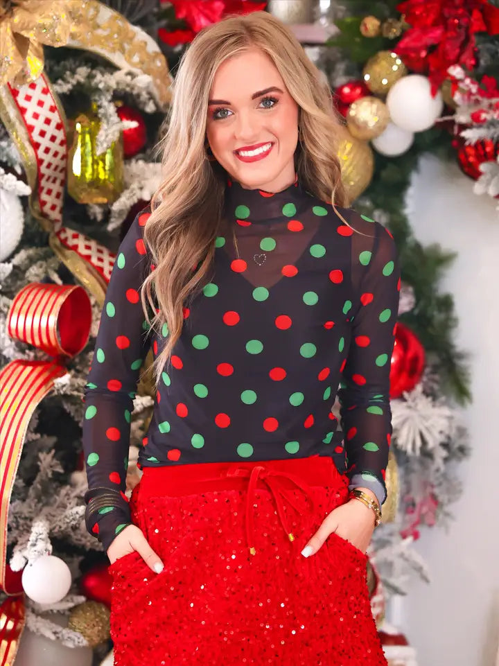 Keigan Mesh Top- Christmas Polka Dots