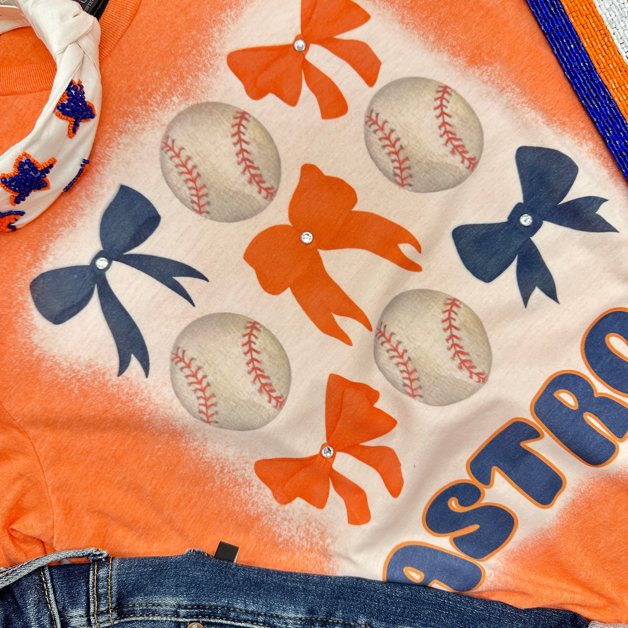 Astros Bows and Baseballs Bleached Graphic Tee