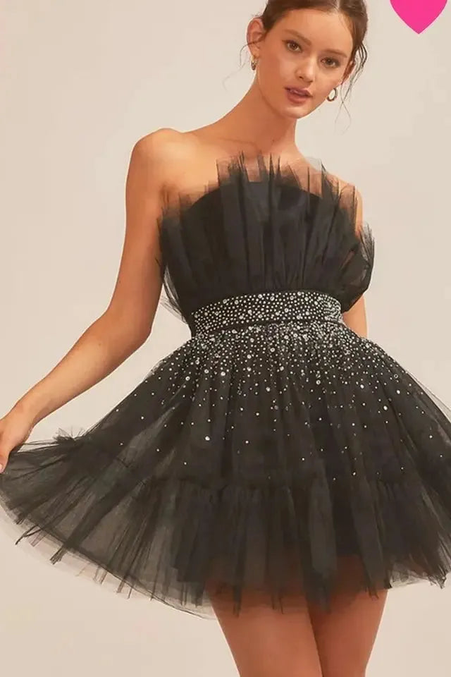 Back Zipper Rhinestones Trim Mini Dress