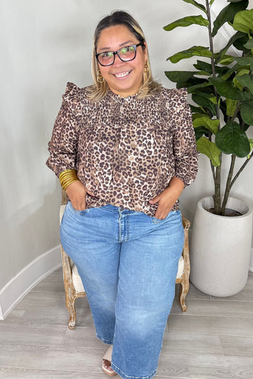Plus Size Leopard Print Smocked Blouse with Ruffle Trim By Umgee