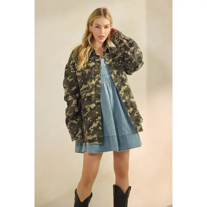 Printed Rhinestone Denim Jacket By Veveret