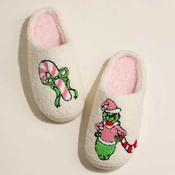 Grinch Holiday Slippers with Candy Cane Christmas Gift