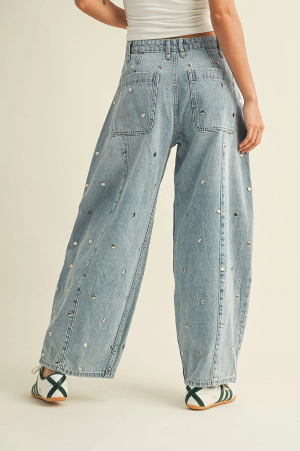 Shine On Studded Barrel Jeans By Klesis