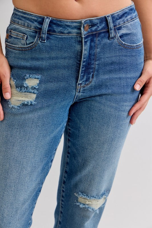 Judy Blue Mid Rise Boyfriend Patch & Repair Destroy Release Hem 881045