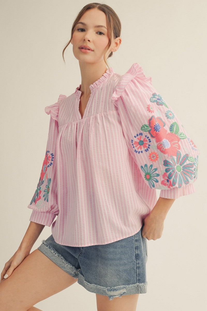 Embroidery Sleeve Stripe Top By Jodifl