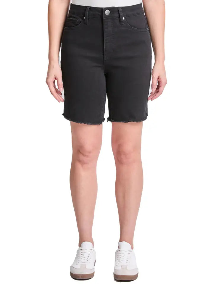 Black high rise long denim shorts with frayed he