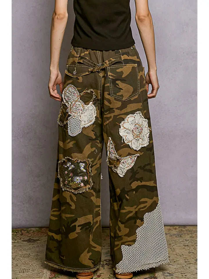 Floral Patches Butterfly Patchwork Camo Pants By Pol