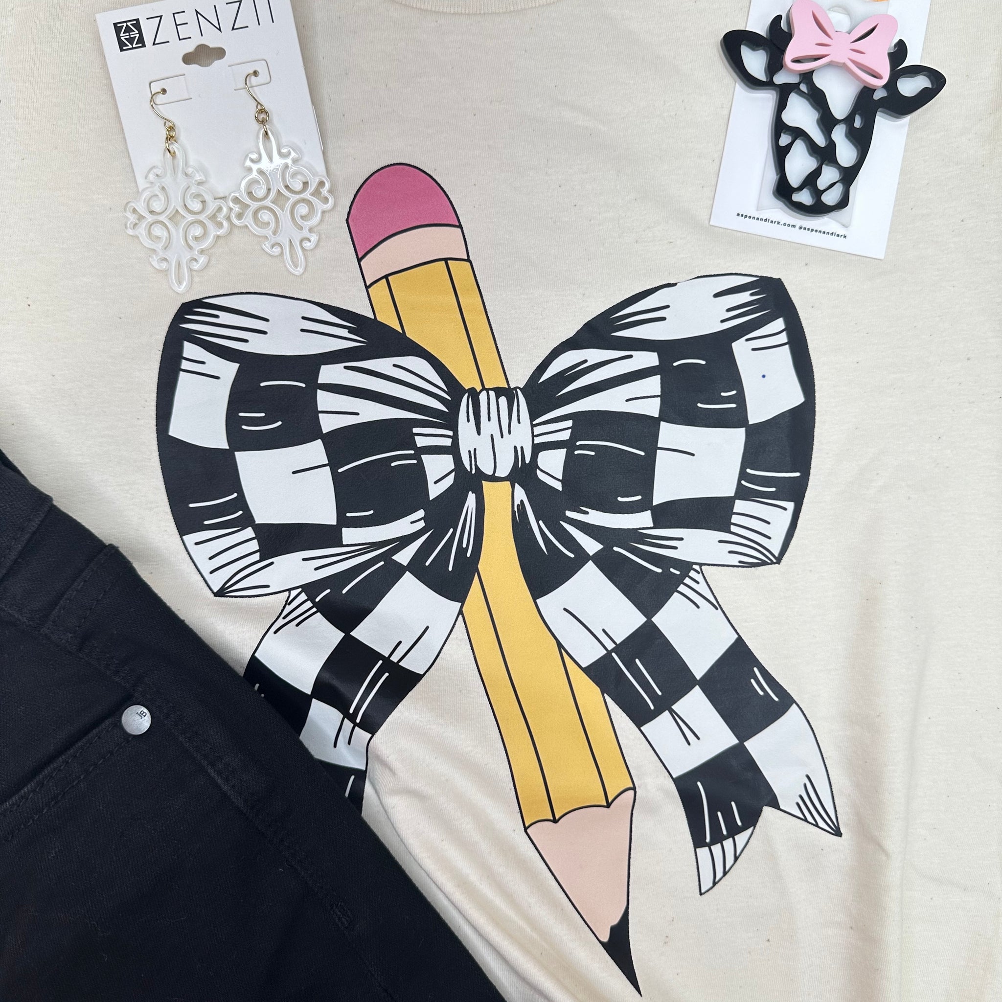 Pencil N Checkered Bow Teachers Graphic Tee