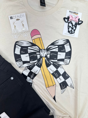 Pencil N Checkered Bow Teachers Graphic Tee