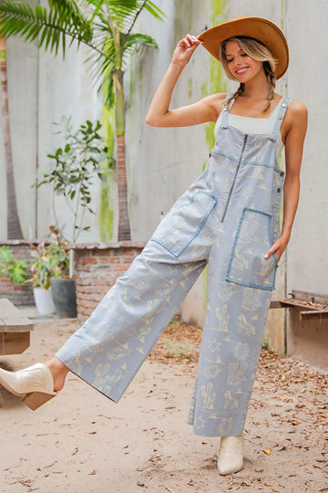 Western Graphic Patch Pocket Sleeveless Jumpsuit By Eesome