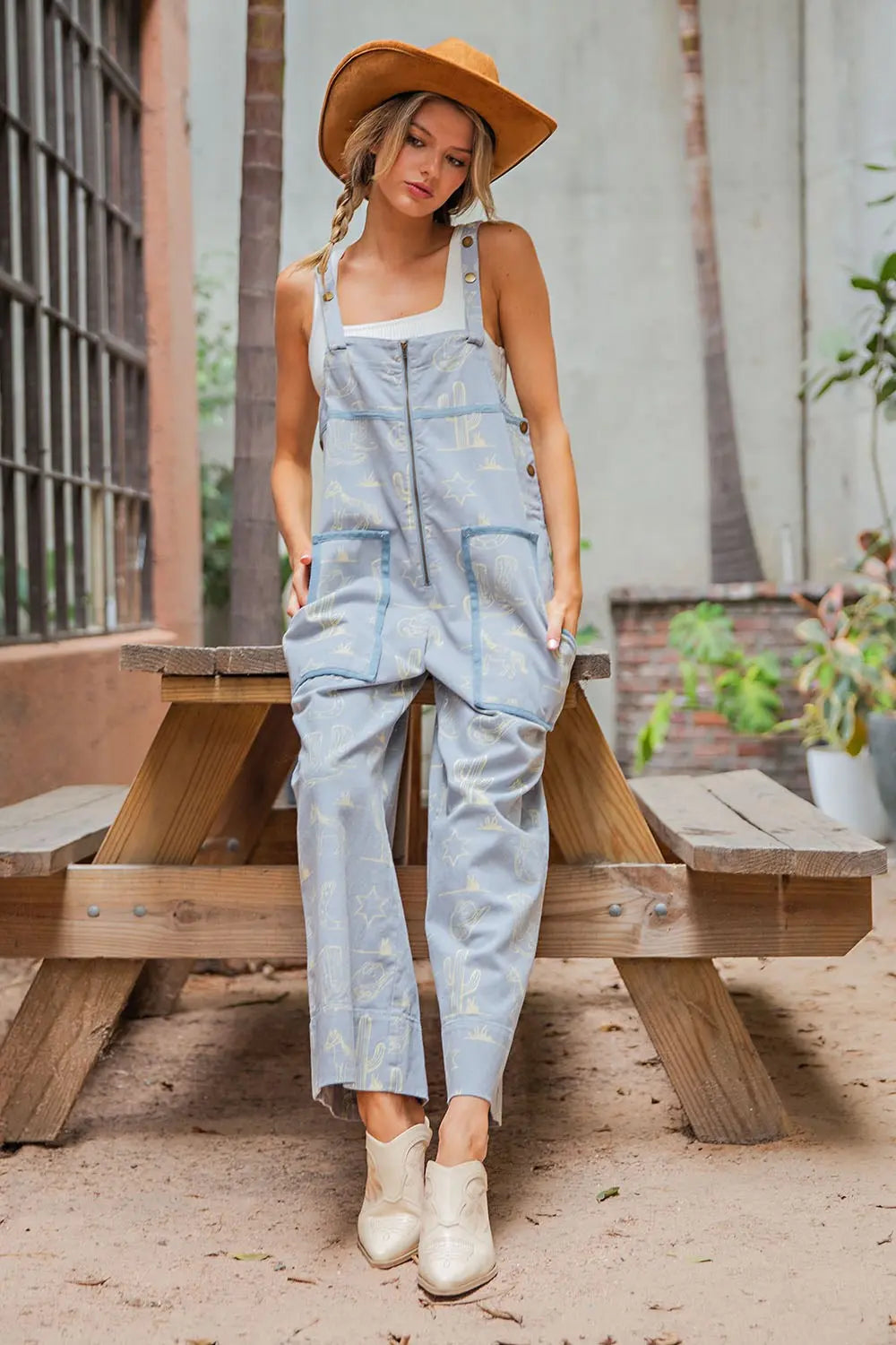 Western Graphic Patch Pocket Sleeveless Jumpsuit By Eesome