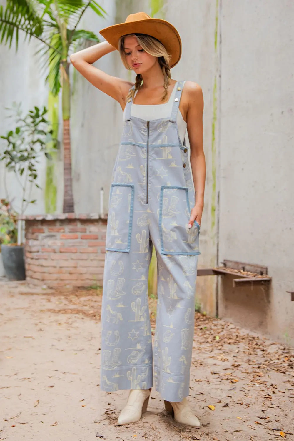 Western Graphic Patch Pocket Sleeveless Jumpsuit By Eesome