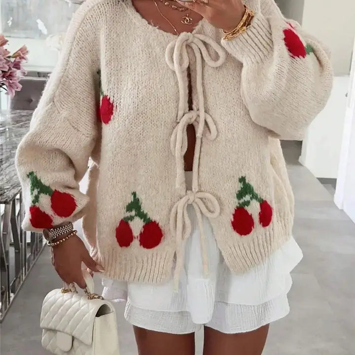 Cozy Chunky Cherry Bow Tie Cardigan