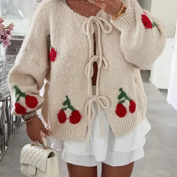 Cozy Chunky Cherry Bow Tie Cardigan