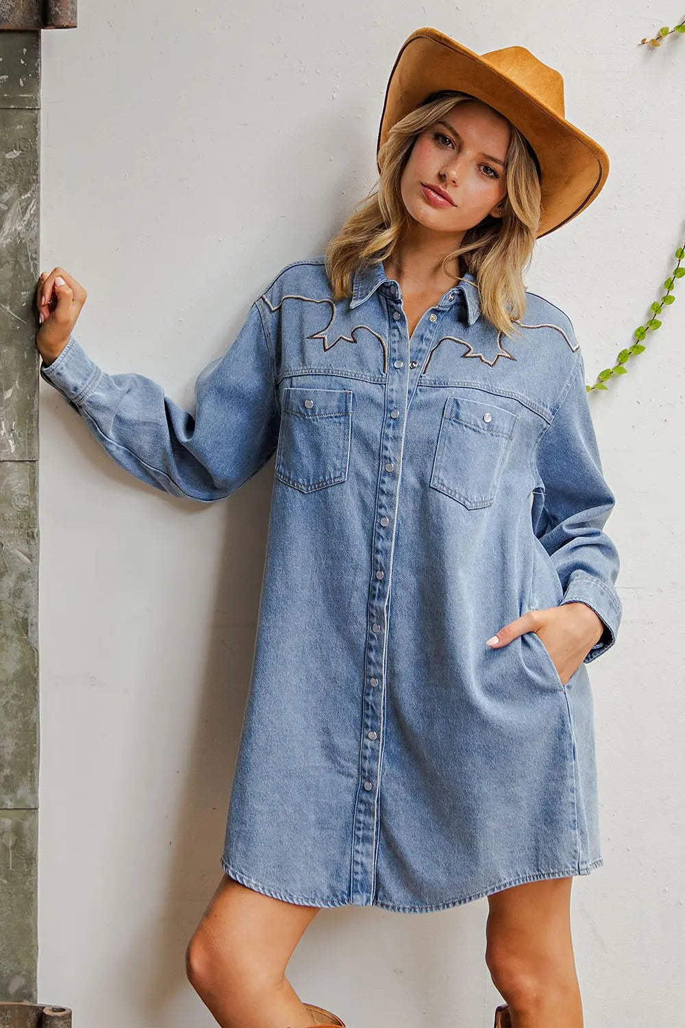Mineral Washed Embroidered Yoke Denim Mini Dress By Eesome