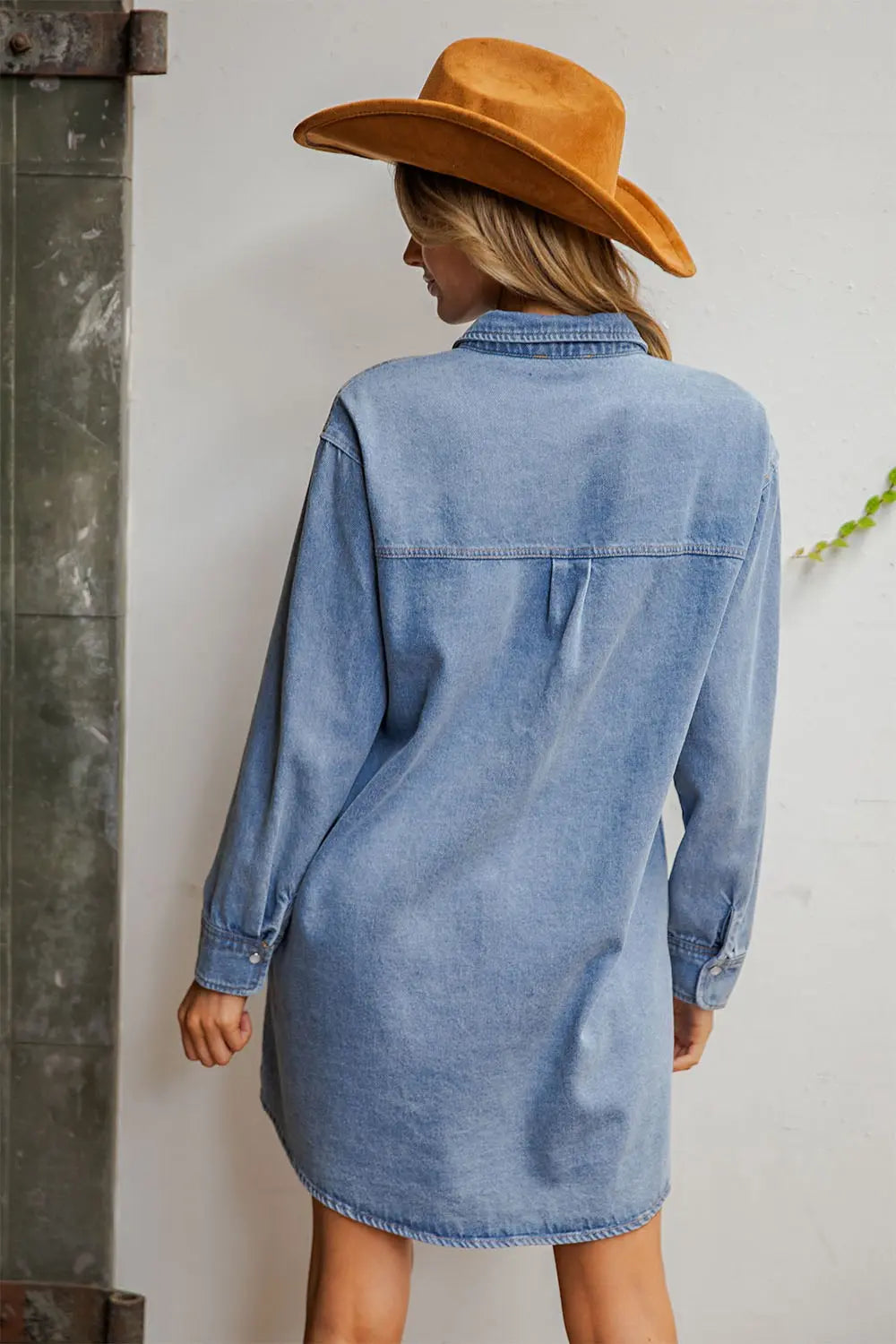 Mineral Washed Embroidered Yoke Denim Mini Dress By Eesome