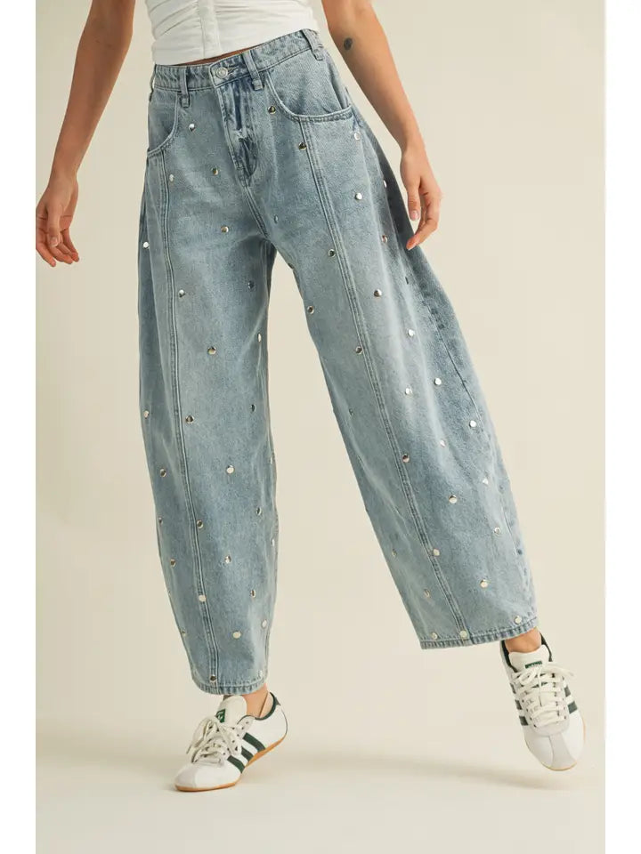 Shine On Studded Barrel Jeans By Klesis