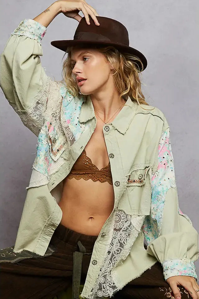 Long Sleeve Crochet Woven Twill Jacket By Pol
