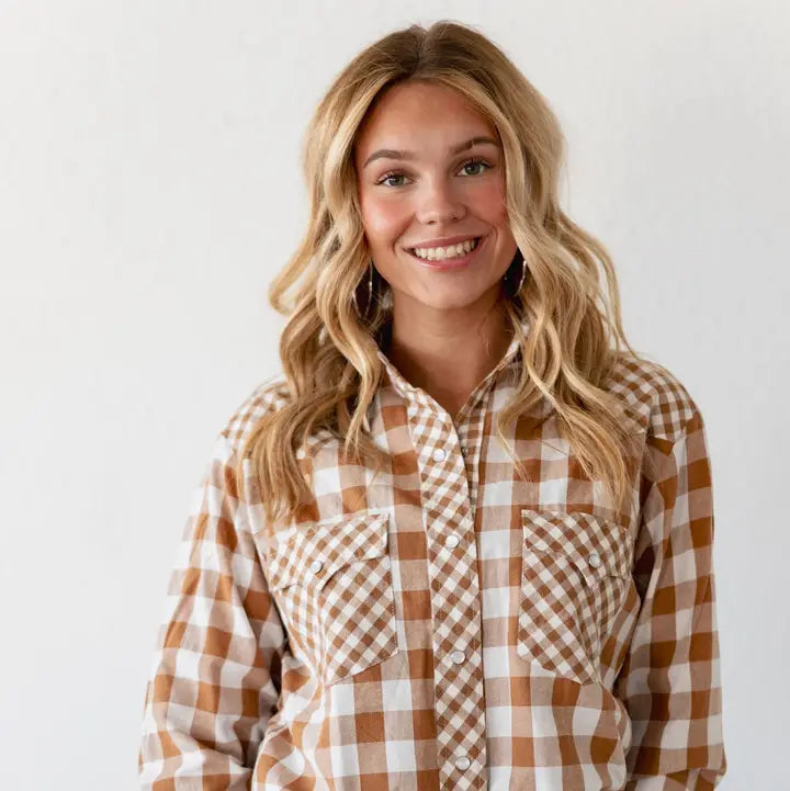 Tan Mixed Gingham Top