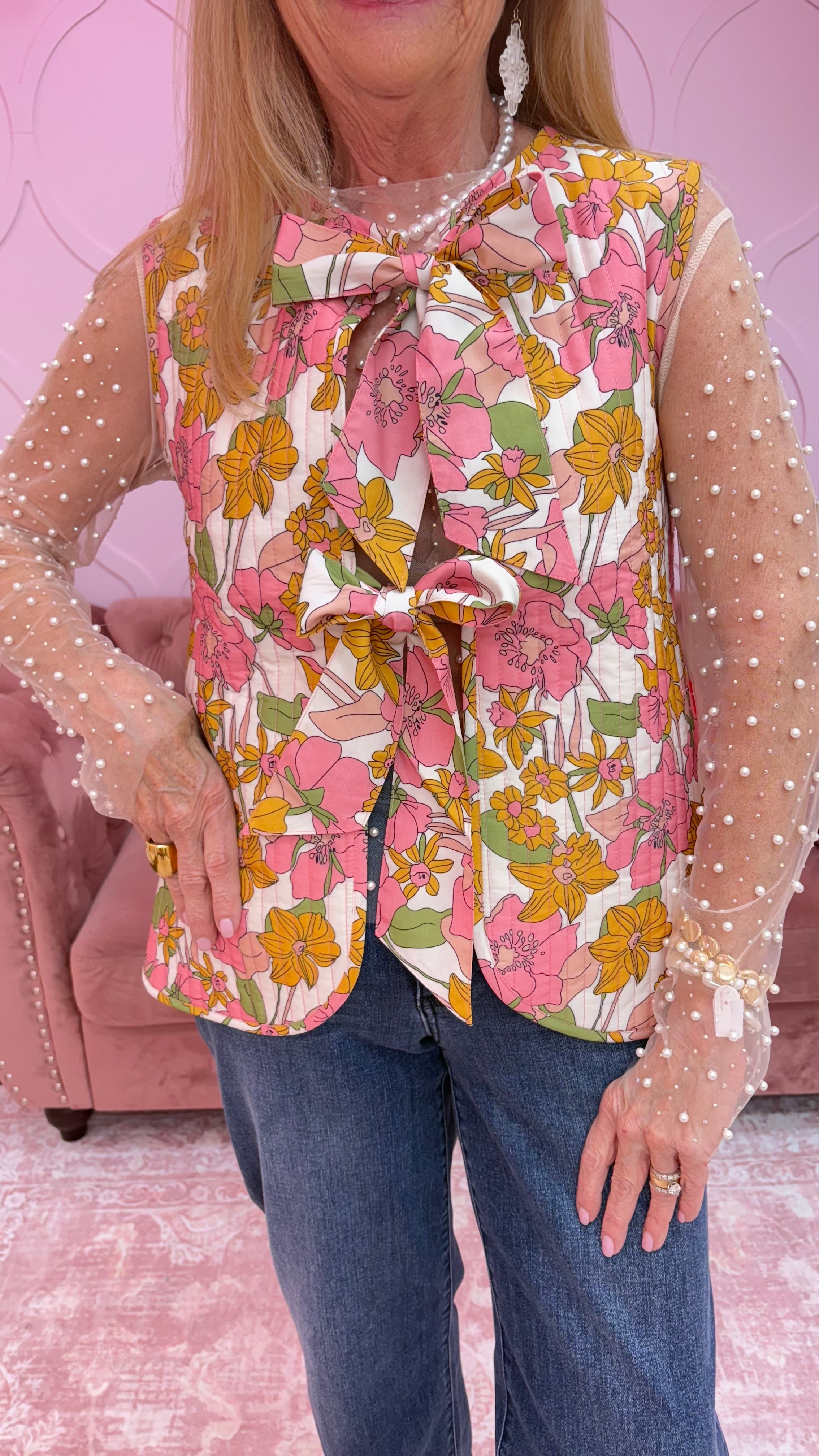Coquette Printed Stripe Quilt Ribbon Tie Vest