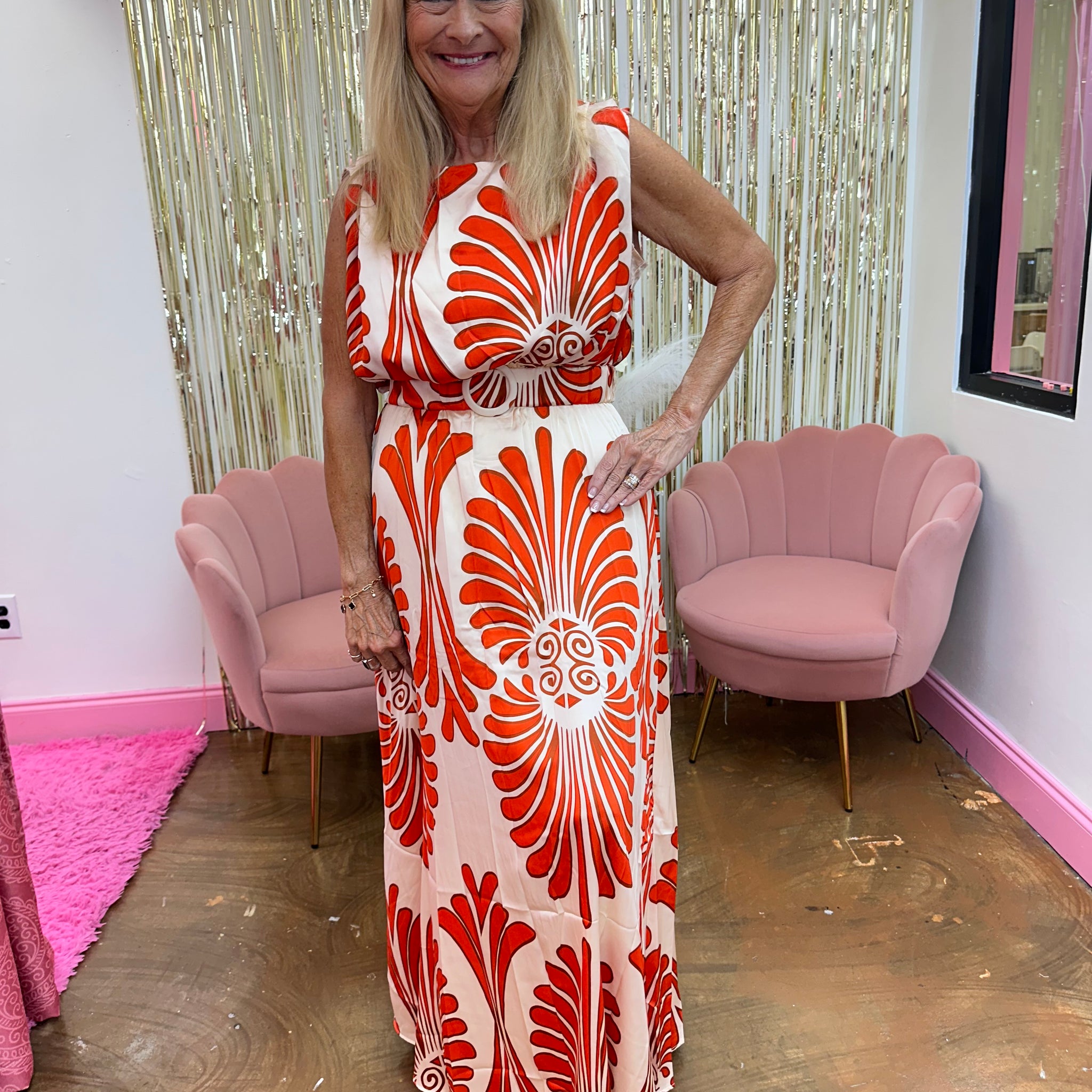 Casual Tangerine Damask Print Maxi Dress