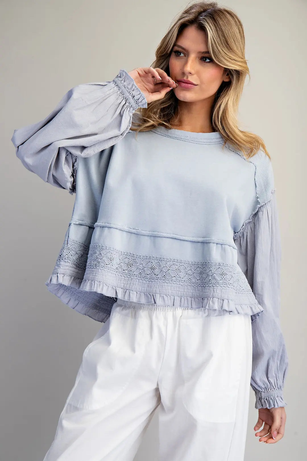 Blue Skies Ruffle Hem Blouse By Eesome