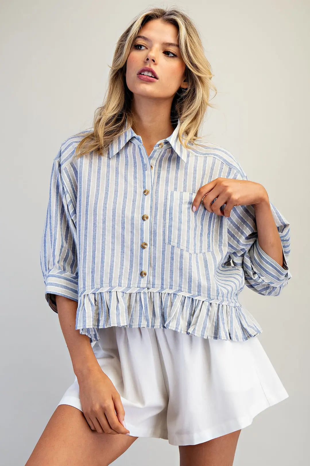 Sail Away Ruffle Stripe Blouse By Eesome