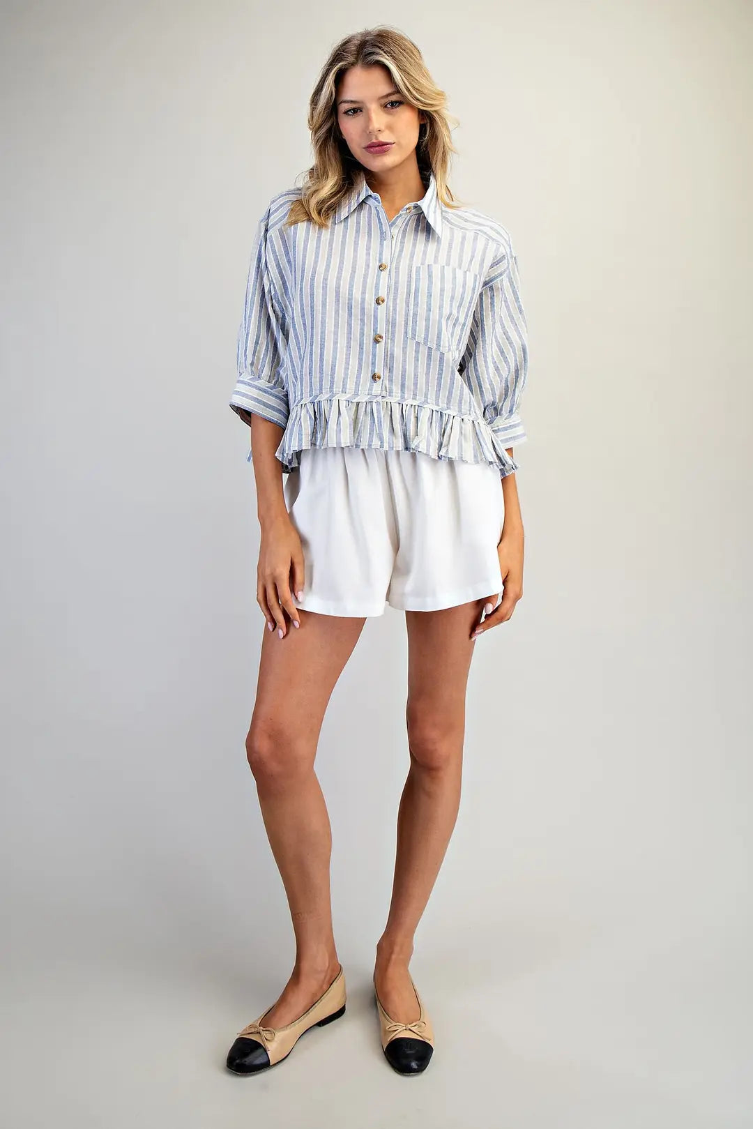 Sail Away Ruffle Stripe Blouse By Eesome