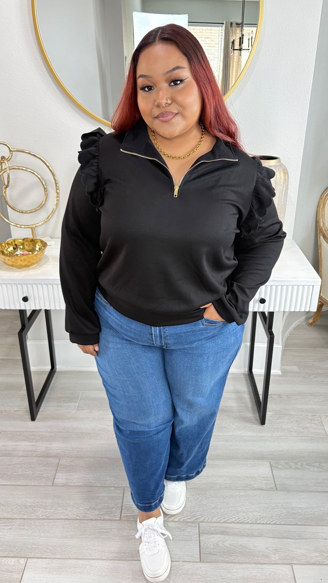 Plus Size Luxeknit Ruffle Shoulder Quarter-Zip Pullover By Umgee