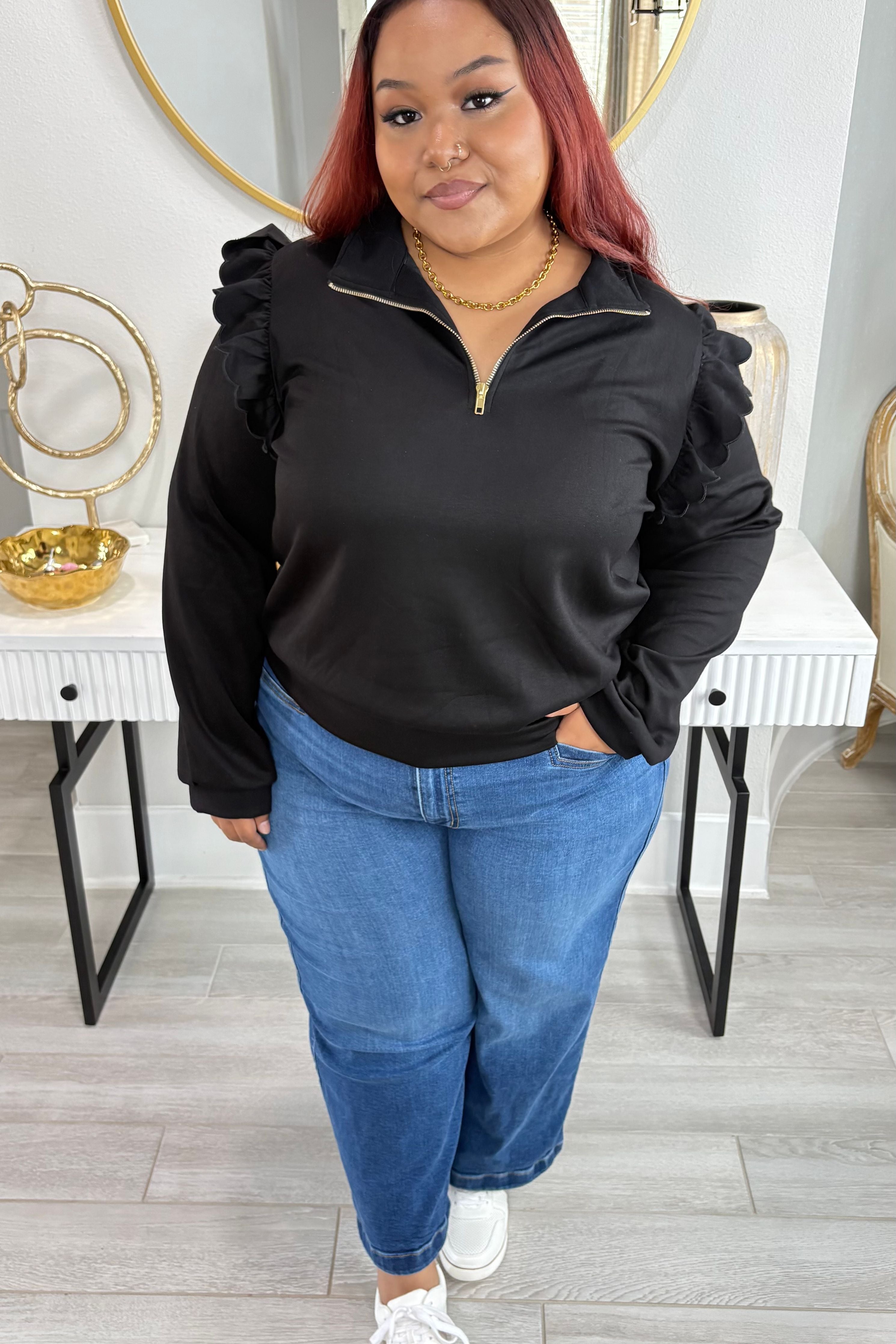 Plus Size Luxeknit Ruffle Shoulder Quarter-Zip Pullover By Umgee