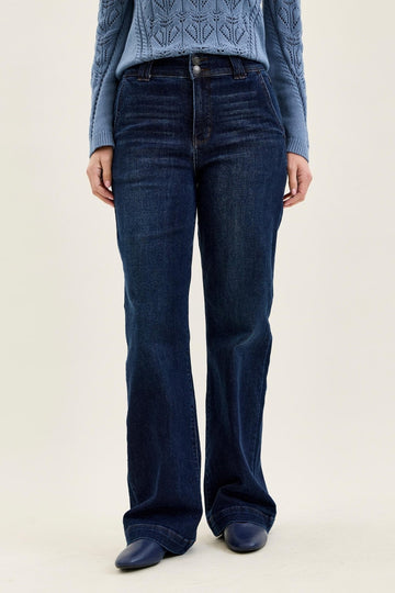 Judy Blue women’s dark wash high rise trouser wide leg jeans with double-button waistband and clean non-distressed finish.