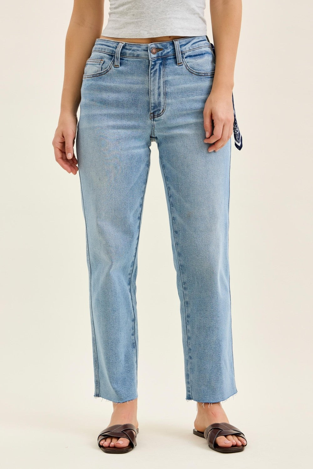 judy blue light wash straight leg jeans high rise with raw hem detail